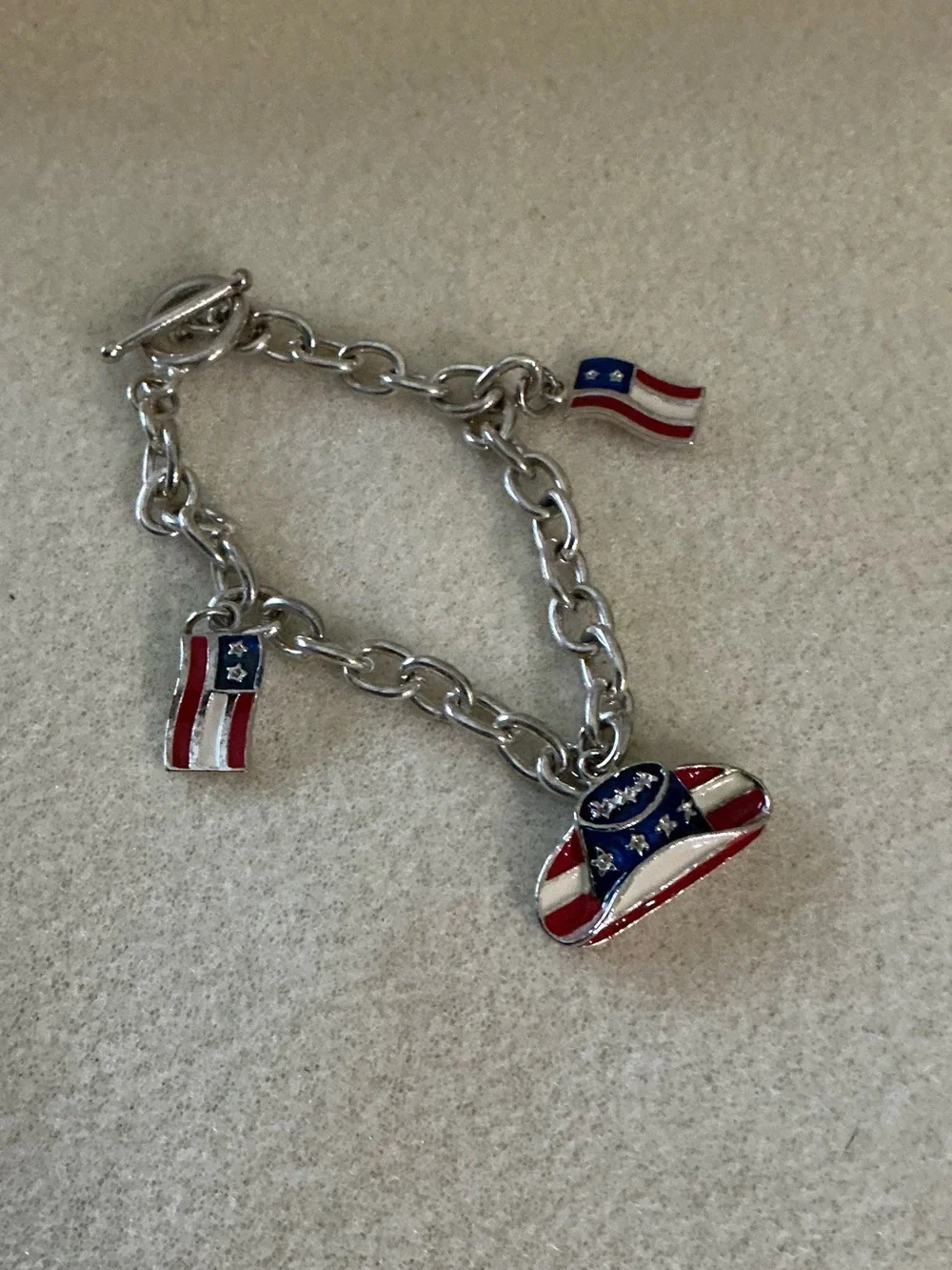 Kids Silver-Tone Patriotic Flag Charm Bracelet - 7”